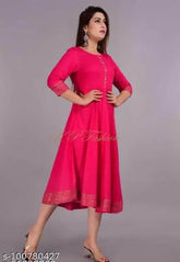 Rayon three-quarter sleeve pink anarkali kurti with border print, ideal for special occasions